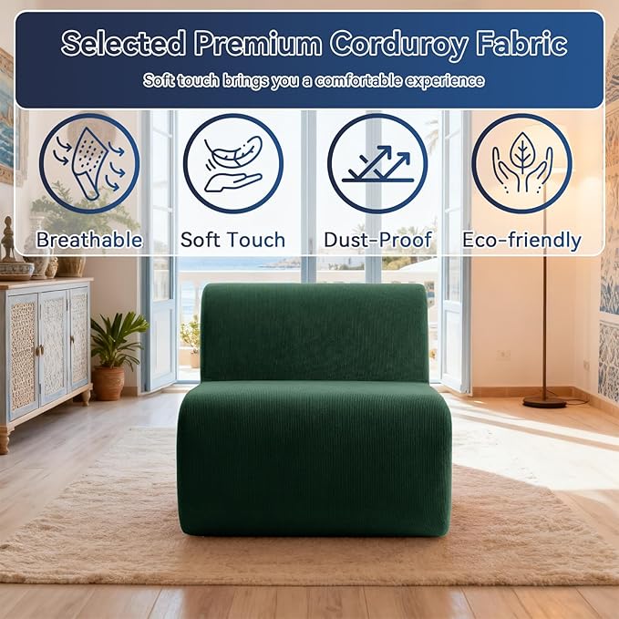 26" Single Sofa, 1 Seater Armless Corduroy Couch, No Assembly Modern Boneless Couch Compression Sofa in Box, Floor Sofa with Ergonomic Design for Living Room, Dark Green