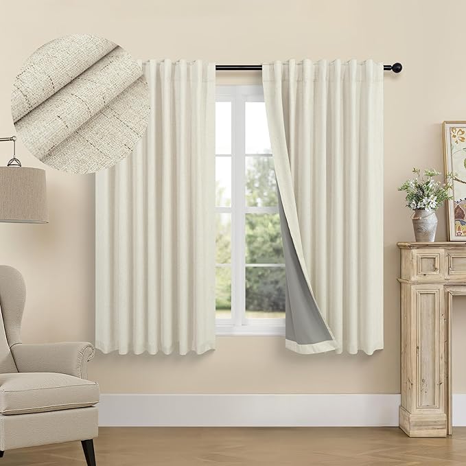 Short Small Blackout Curtains 54 Inches Long for Bedroom Aesthetic Beige Linen Colored Boho Black Out Curtains Insulated Thermal Curtains for Summer Heat Blocking Basement Bathroom Window 52x54 Length