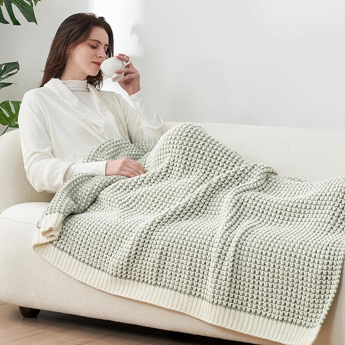 Amélie Home Waffle Chenille Throw Blanket for Couch, Pineapple Stitch Knit Soft Cozy Knit Blanket Decorative Throw for Sofa, Chair, 50"x60", Sage Green&Ivory