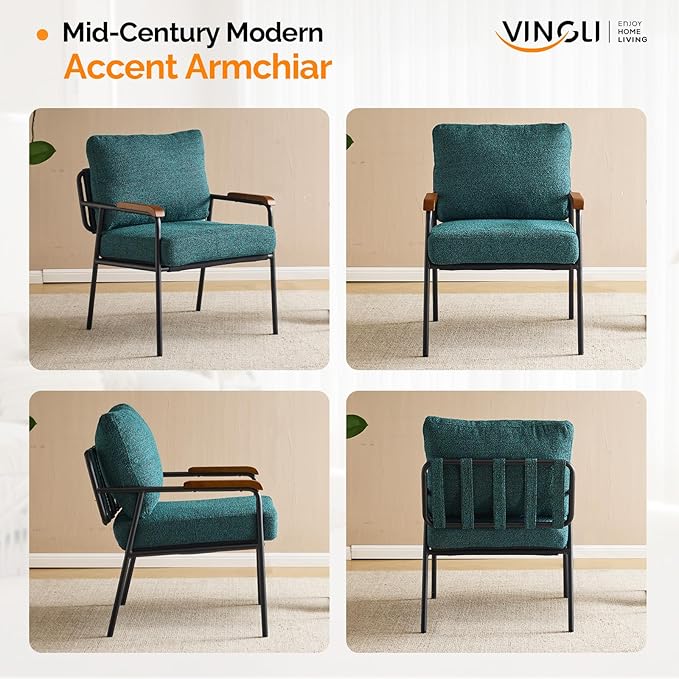 VINGLI Mid-Century Modern Accent Armchiars Set of 2 for Small Space, Small Comfy Upholstered Leisure Reading Chairs with Wood Armrests for Bedroom, Living Room, Waiting Room, Linen Dark Green