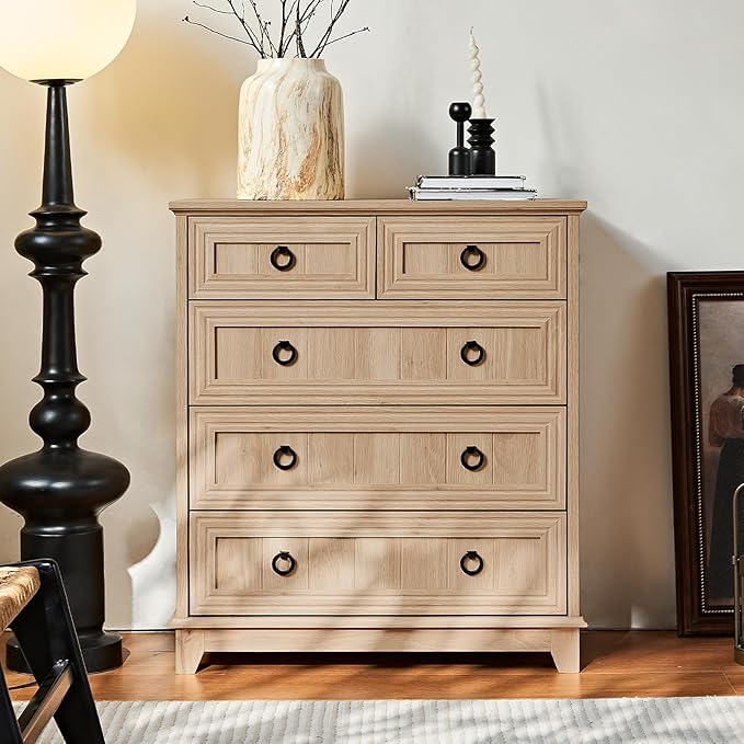 Farmhouse 5 Drawer Dresser for Bedroom Set of 2, 33.2" Tall Small Dressers & Chest of Drawers, Rustic Wood Dresser with Metal Handle, Storage Organizer Closet for Living Room, Hallway,Entryway