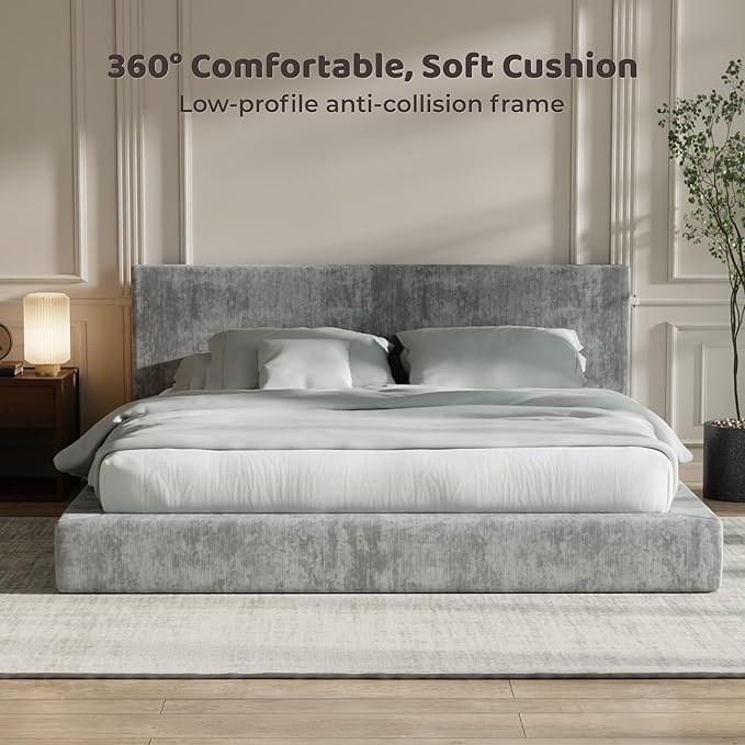 RECCI Cloud Upholstered King Bed Frame with Headboard, 5 Inch Foam Padded Platform, No Box Spring, Easy Assembly (Moon Grey)