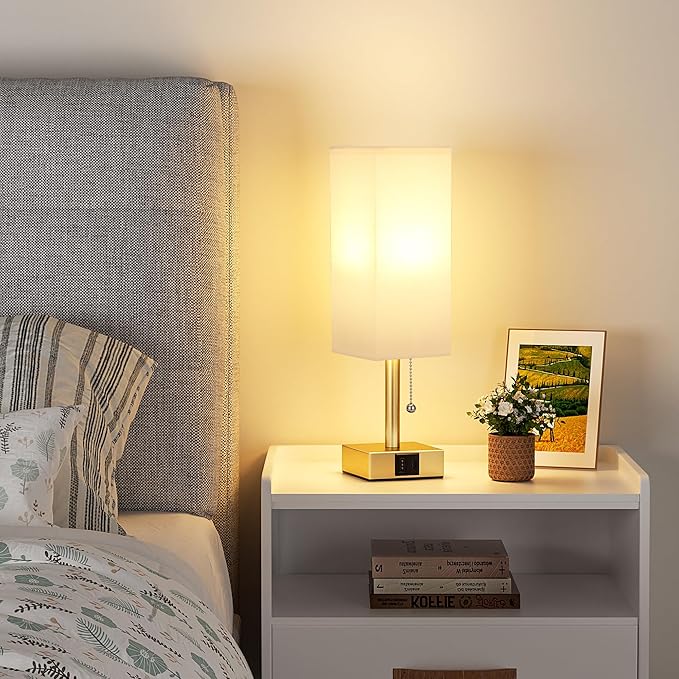 aooshine White Small Table Lamp for Bedroom - 3 Color Temperature 3000K 5000K 4000K Bedside Lamp, Pull Chain Control, USB A and C Ports, Pure Gold Color Base, Bulb Included