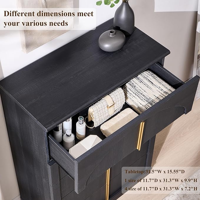 ACCOHOHO Modern 5 Drawer Dresser for Bedroom with Arched Panel,44" Tall Dresser for Closet with Metal Handles,Push-to-Open Wood Storage Closet Dressers Tv Stand for Living Room, Hallway,Black