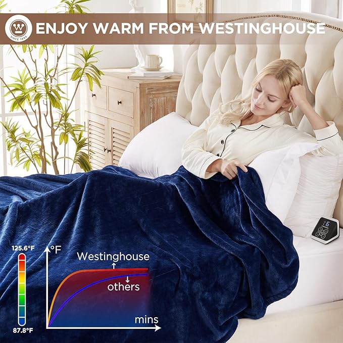 Westinghouse Heated Queen Size Blanket - Electric With 10 Heating Levels, 1-12 Hours Auto Shut Off, Fast Warming, Machine Washable (84x90 Inches, Navy Blue)
