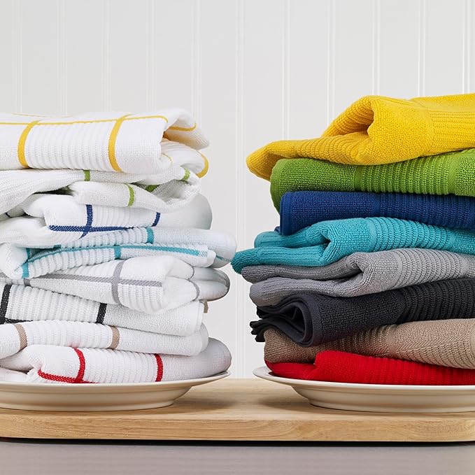 T-Fal Solid & Checked Parquet Kitchen Towels: Highly Absorbent, Super Soft Long Lasting - 100% Cotton, 16"x26" Dish Towels for Cleaning & Drying Dishes, Pans, Glassware, Countertops, 6-Pack, Lemon