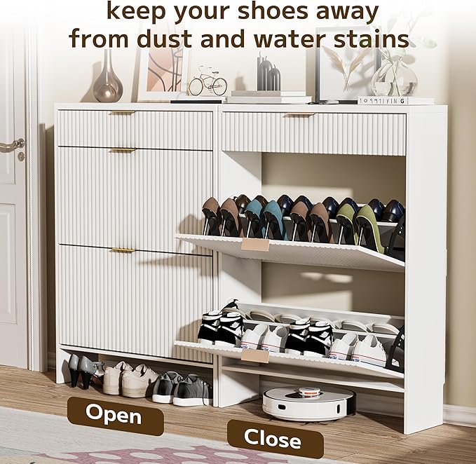 Fluted Shoe Cabinet Storage with 2 Flip Drawers & 1 Drawers, Wood Narrow Hidden Shoe Cabinet with Shelf for Entryway, Freestanding Slim Shoe Rack Organizer for Hallway Living Room(White)