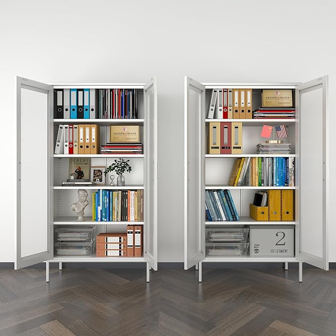 COFaR Modern Mesh Storage Cabinet, Free Standing Tall Pantry, Cupboard Metal Display Cabinet for Living Room, Kitchen, Dining Room