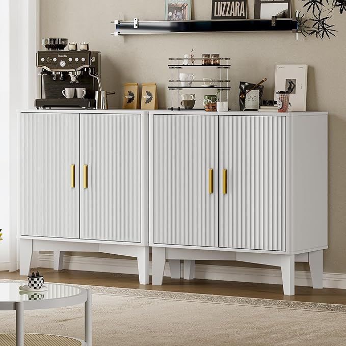 Storage Cabinet with Doors and Adjustable Shelf, Modern Fluted Sideboard Buffet Cabinet, Freestanding Coffee Bar for Kitchen, Pantry, Entryway, Living Room (White)