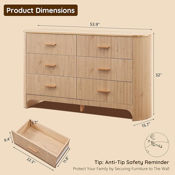 Fluted 6 Drawer Dresser for Bedroom with Curved Profile Design, 53.9 Inch Wide Chest of Drawers, Smooth Glide Storage Cabinet for Living Room, Natural Oak