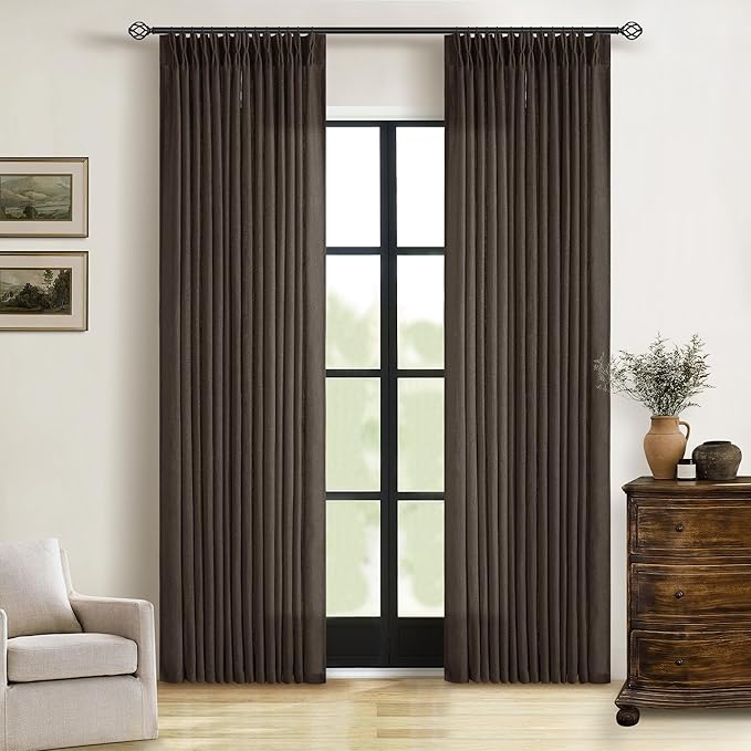 Dark Chocolate 80 Inch Pinch Pleated Linen Curtains 2 Panels for Living Room Bedroom Memory Training Shaped Semi Sheer Pleat Drapes with Hooks Rings Light Filtering Window Curtain 40x80