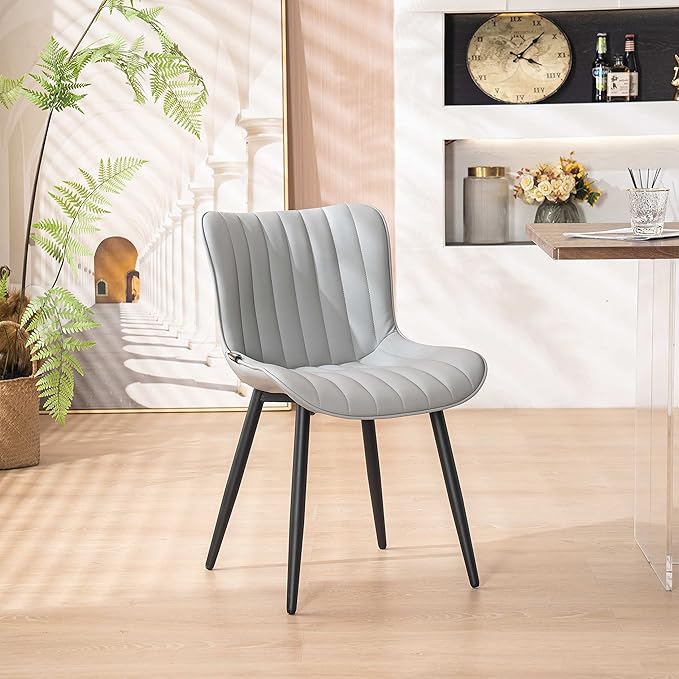 YOUNUOKE Mid-Century Modern Dining Chairs Set of 2, Grey PU Leather Upholstered Kitchen Chairs with Black Metal Legs, Armless Accent Chair for Dining Room, Guest Reception Room