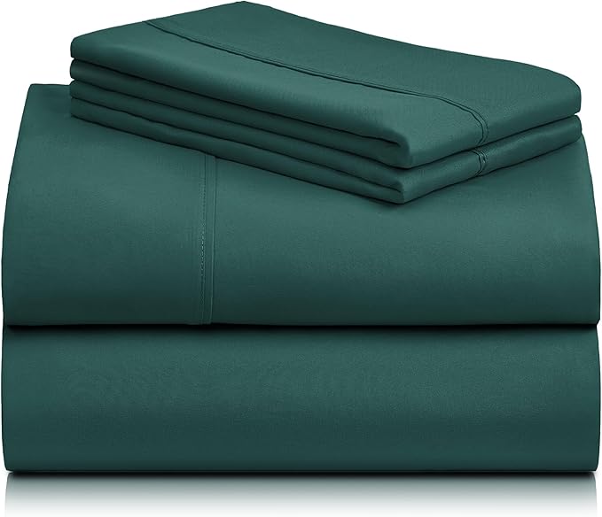 LuxClub 4 PC Queen Sheet Set, Deep Pockets Wrinkle Free Cooling Bed Sheets Hotel Bedding for Women, Men, Includes 1 Fitted Sheet, 1 Flat Sheet and 2 Pillowcases-Silky Soft Emerald