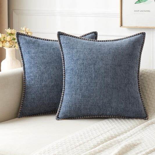 MIULEE Pack of 2 Couch Throw Pillow Covers 18x18 Inch Dark Grey Blue Farmhouse Decorative Pillow Covers with Stitched Edge Soft Chenille Solid Dyed Spring Pillow Covers for Sofa Bed Living Room