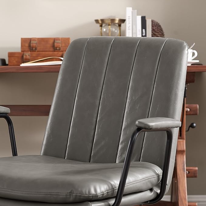 Art Leon Mid Century Modern Chair, Oak Legs Swivel Accent Chair No Wheels, Faux Leather Armchair for Small Spaces Home Office Living Room Bedroom, Gray