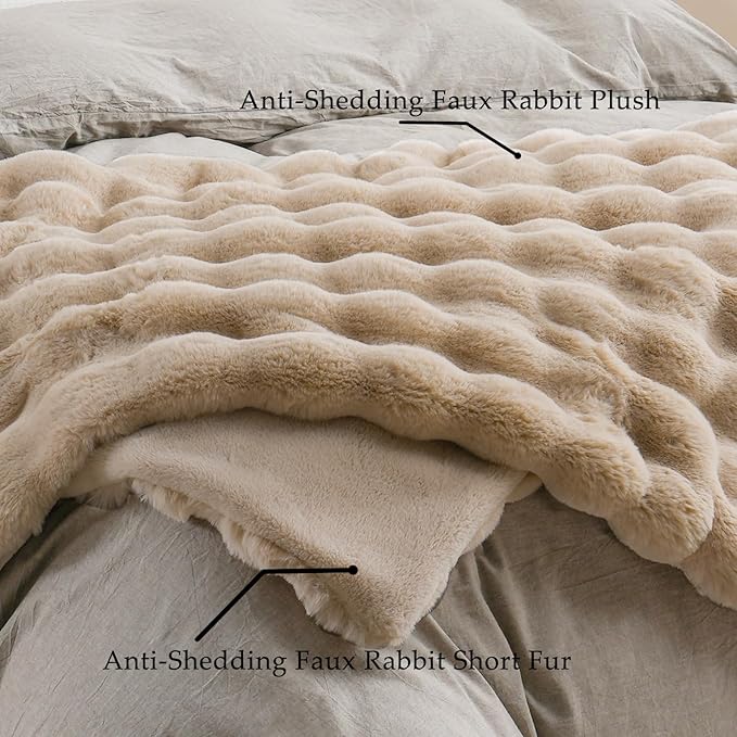 BENVWE Faux Fur Throw Blanket for Couch Bed - Fluffy Soft Thick Bubble Blanket for Living Room Home Decor - Mothers Day Birthday Gifts for Women, Beige, 63" x 80"