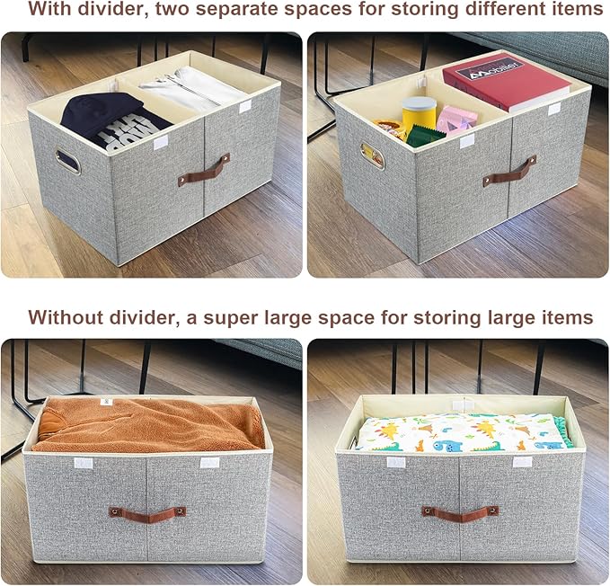 TYEERS Extra Large Collapsible Storage Bins with Lids and Compartments, Organizing Bins for Closet Storage, Clothes Storage, Cube Organizer for Home Office Storage - 2 Pack - Gray