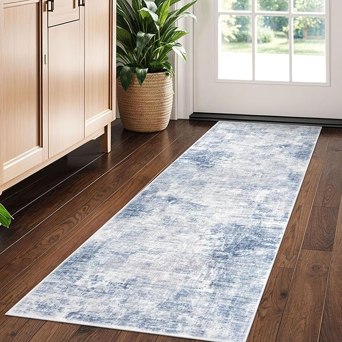 IOHOUZE Abstract Runner Rug 2x5 Ft Washable Runners for Hallways, Non Slip Kitchen Runner Printed Faux Wool Entryway Runner Indoor, Modern Floor Carpet for Hall Kitchen Bedroom, Light Blue White