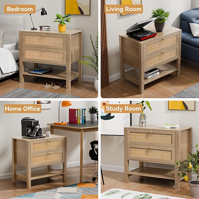 Rattan Nightstand with 2 Drawers and Storage Shelf, 26” Tall Wide Night Stand, Wood Large Bedside Table with Golden Handle for Bedroom, Side Table, Carbon Cherry