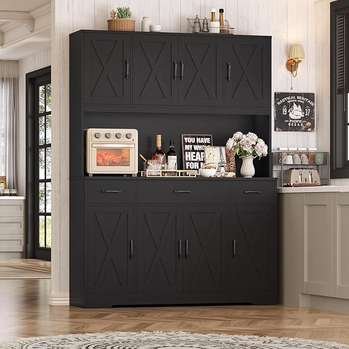 HOSTACK 71" Tall Kitchen Pantry Storage Cabinet with Charging Station, 55" Wide Kitchen Hutch Cabinet with Large Countertop, Farmhouse Food Pantry with Drawers for Living Room (Black Wood Grain)