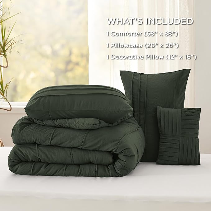 Bedsure Twin Comforter Set - 3 Pieces Pinch Pleat Bed Set, Olive Green Boho Bedding for All Season, 1 Soft Comforter, 1 Pillowcase, 1 Decorative Pillow