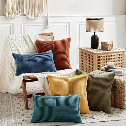 Fancy Homi 2 Packs Teal Long Lumbar Decorative Throw Pillow Covers 16x24 Inch for Couch Bed Sofa, Rustic Farmhouse Boho Home Decor, Soft Striped Corduroy Rectangle Accent Cushion Case 40x60 cm