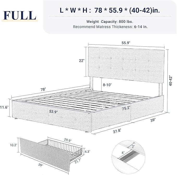 Allewie Upholstered Full Size Platform Bed Frame with 4 Storage Drawers and Headboard, Square Stitched Button Tufted, Mattress Foundation with Wooden Slats Support, No Box Spring Needed, Dark Grey