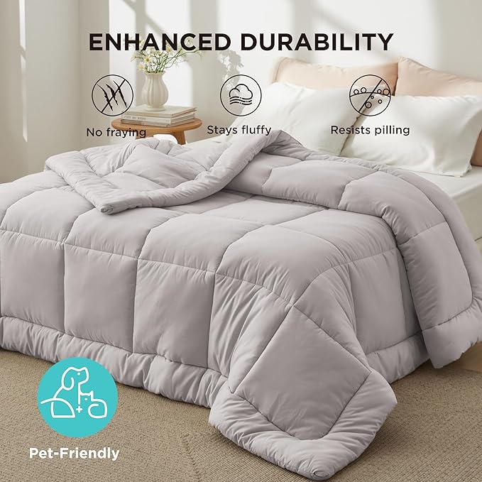 Bedsure Comforter Duvet Insert - Quilted Comforters Oversize Queen, All Season Duvet, GentleSoft Down Alternative Bedding, with 8 Tabs, Gifts for Women/Men, Light Grey, Oversize Queen 98 x 98 Inches