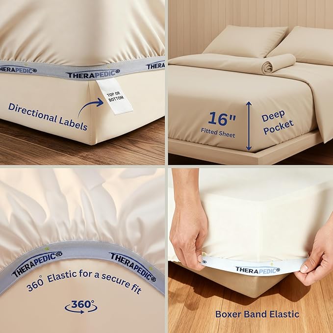 Therapedic 1000TC Queen 6-Piece Sheet Set - 100% Organic Rayon Dervied from Bamboo Blend with Cooling Fiber, Ideal for Hot Sleepers - 16" Deep Pocket Fitted Sheet, Bonus Pillowcases - Light Blue