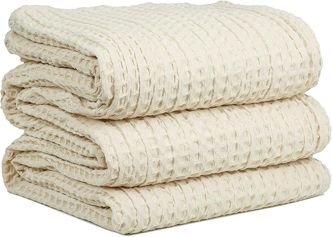 HILLFAIR 100% Cotton Blanket- 120"x120" XXL Oversized King Bed Blankets- Family Size 10 ft x 10 ft Big- Waffle Blankets- All Season Soft Breathable- Extra Large King Cotton Blanket for Bed- Ivory