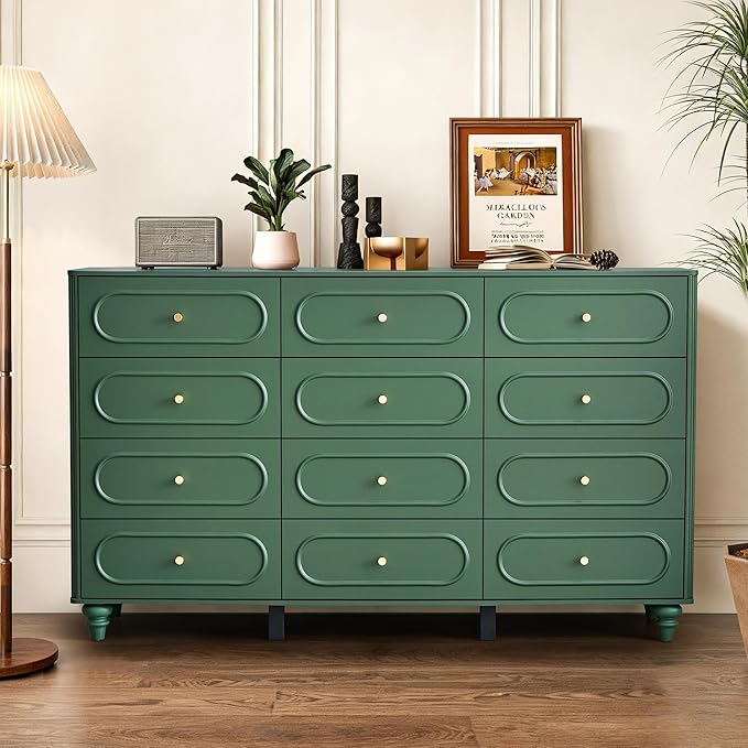 12 Drawer Fluted Dresser for Bedroom, Mid Century Modern Chest of Drawers, Wood Storage Small Dresser Organizer for Bedroom Living Room Hallway Closet, Green