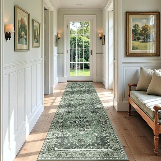 Area Rugs 3'x9' Washable Non-Slip, Floral Vintage Distress Print Pattern Medallion Carpet for Living Room Bedroom Dining Room, Dark Green Gray