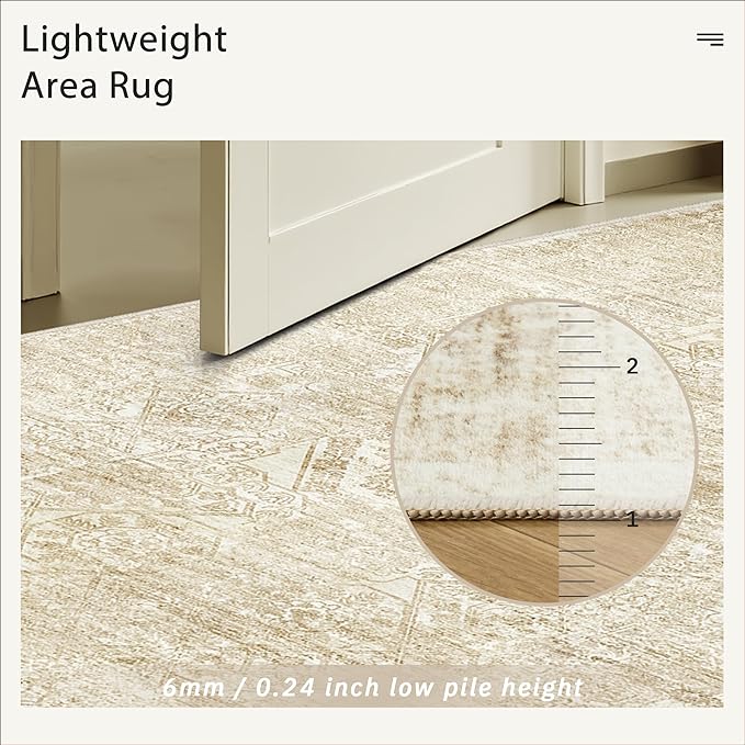 5x7 Area Rugs Beige Low Pile Indoor Washable Trendy Faded Style Floral Rugs for Bedroom Living Room Dining Room Foldable Non-Slip Thin Print Mat