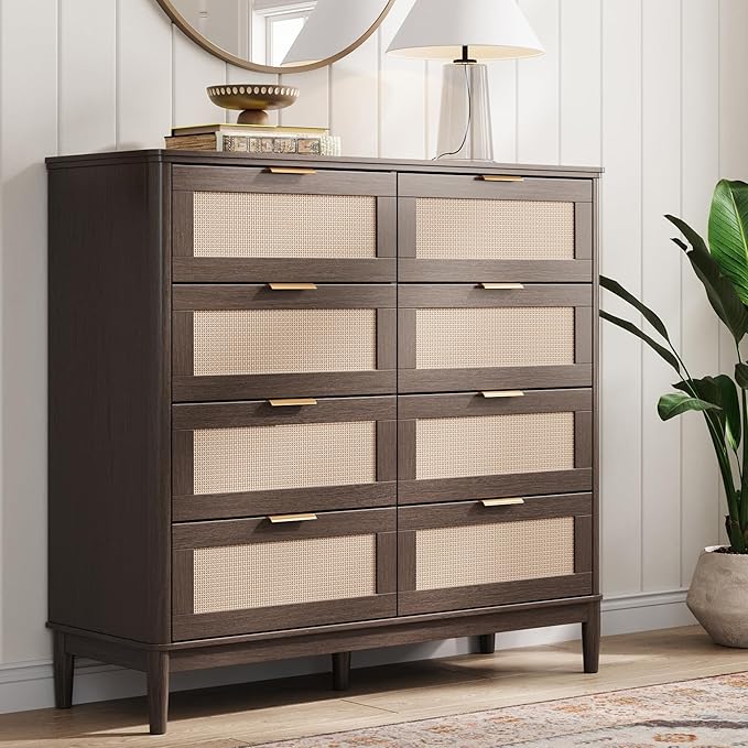 LINSY HOME Rattan Dresser for Bedroom with 8 Drawers, 54" Wide Chest of Drawers, Mid Century Modern Dresser TV Stand with Metal Handle, Wood Closet Storage Cabinet for Living Room, Hallway, Walnut