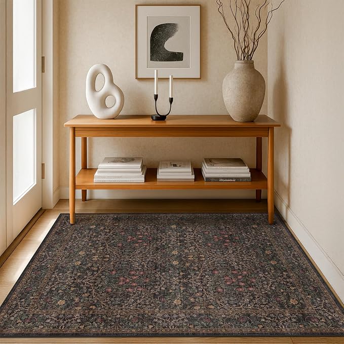 Washable Dark Taupe Brown 4x6 Area Rugs for Living Room, Bedroom Beside Rug, Kitchen, Mudroom, Non-Slip Low Pile Ultra Soft Stain Resistant, Small Vintage Green Botanical Floral Carpet
