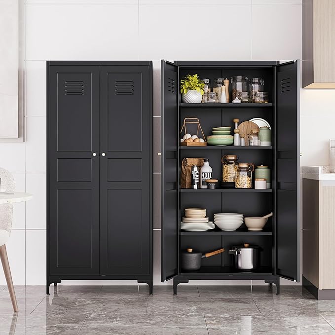 SISESOL Metal Storage Cabinet with Doors and Shelves,Black Storage Cabinet with Leg,Metal Pantry Cabinets,Ventilated Pantry Closet,Tall Large Cupboard for Home,Kitchen,Dining/Living/Laundry Room