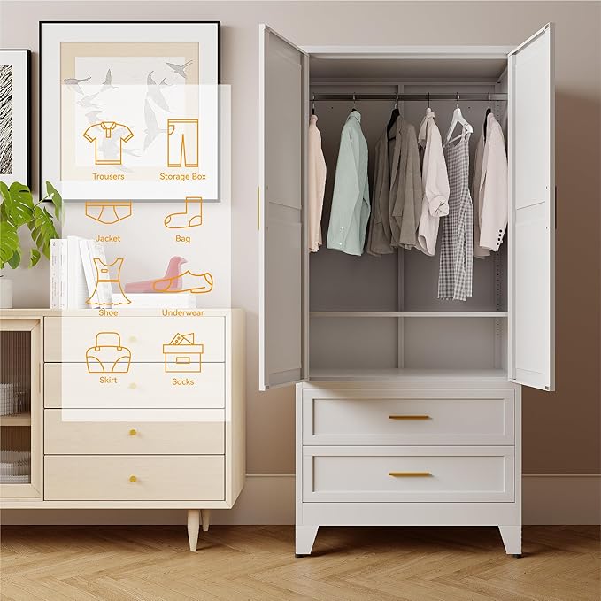 Wardrobe Closet, Metal Armoire with Drawers - 71 Inch Tall Freestanding Cabinet with Adjustable Shelves and Removable Closet Rod, Easy Assembly for Bedroom Apartment Dorm Garage,White