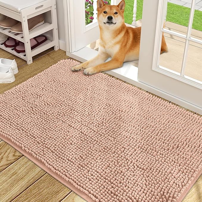 OLANLY Dog Door Mat for Muddy Paws 48x30, Absorbs Moisture and Dirt, Absorbent Non-Slip Washable Doormat, Quick Dry Chenille Mud Mat for Dogs, Entry Indoor Entryway Carpet for Inside Floor, Peach
