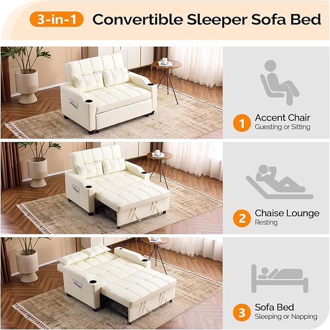VINGLI Beige Loveseat Sleeper Sofa, Convertible Futon Sofa Bed Faux Leather Pullout Couch Bed with USB Ports, Cup Holders, Armrest for Living Room, Bedroom, Home Office Apartment
