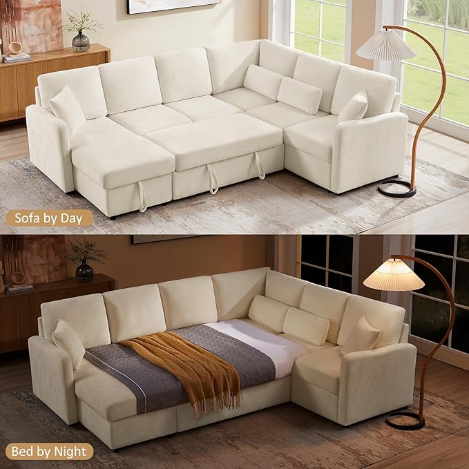 111'' Sectional Sleeper Sofa with Pull Out Bed, U Shaped 6 Seat Modular Couch with Storage Chaise, Modern Sectional Couch, Cloud Chenille Sofa Bed for Living Room Apartment, Beige