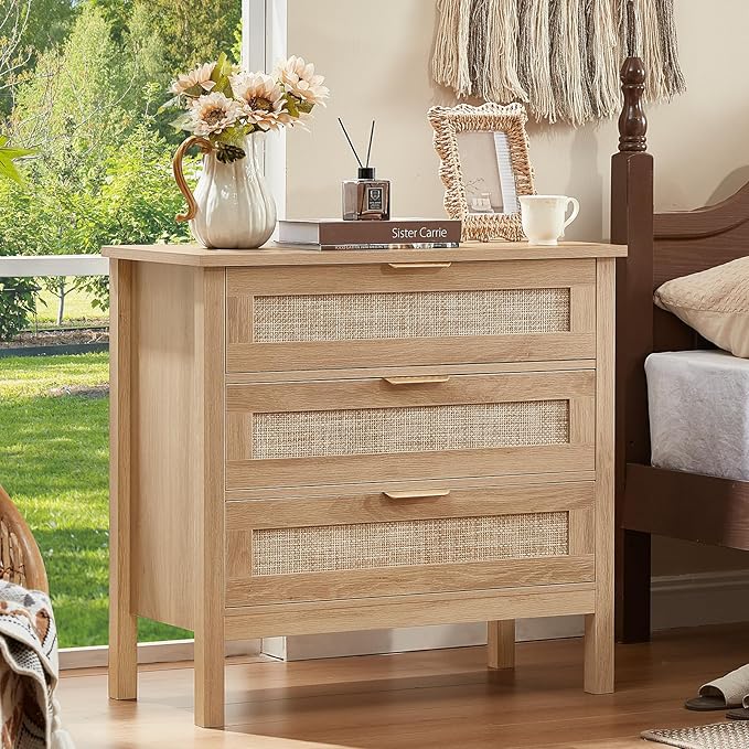 LEYAOYAO 31.5" Wide Rattan Night Stand, Large Boho Nightstand, Bedside Table with Storage, Tall Bed Side End Tables, Chest of Drawers for Bedroom, Living Room, Hallway（Natural,3 Drawers,2）