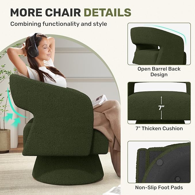 Swivel Accent Chair, Modern Comfy Teddy Barrel Chairs, Oversized Upholstered Round Arm Chair for Living Room, Bedroom, Reading Room, Green, 1 PCS