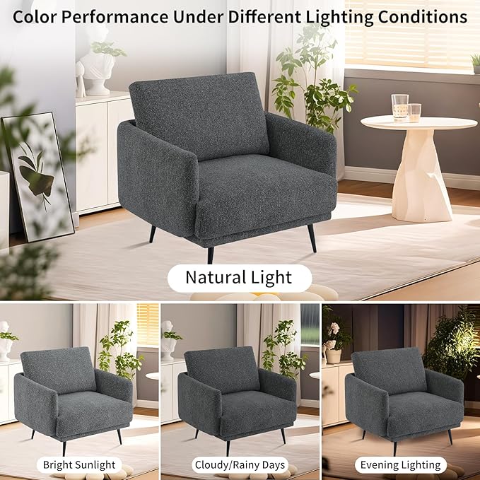 Oversized Accent Chair for Living Room Cozy Reading Chairs Mid-Century Modern Accent Chairs Armchair with Metal Legs Single Sofa Chair for Home Office (1-PCS, Chenille Fabric- Dark Grey)