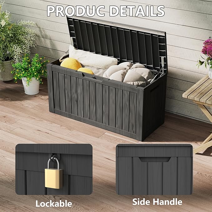 100 Gallon Outdoor Storage Box Waterproof, Resin Deck Boxes with Lockable Lid & UV-Resistant for Patio, Pool, Garden Furniture Cushions & Accessories, Black