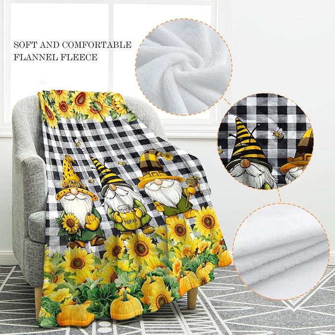 Jekeno Christmas Gnomes Sunflower Blanket Floral Gifts for Women Men Kids Boys Girls Dad Mom Husband Wife Friends Birthday Halloween Home Bedroom Room Decor Flower Blanket 50"x60"