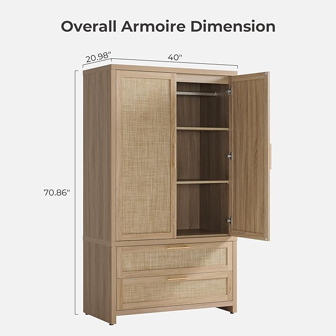 SICOTAS Rattan Armoire Wardrobe Closet Cabinet, 71" Wardrobe Storage Cabinet with 2 Drawers, and Hanging Rod, Boho Large-Capacity Deep Armoire Clothes Organizer for Bedroom, Cloak Room, Light Oak