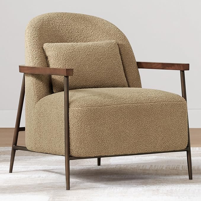 CHITA Accent Chair for Living Room Set of 2, FSC Certified Modern Upholstered Faux Sherpa Fabric Armchair with Metal Frame and Wooden Armrests, Camel