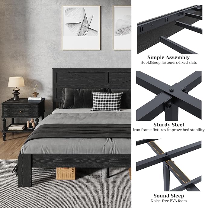 King Size Bed Frame with Farmhouse Headboard, Rustic Boho Wooden Bedframe with LED Lights and Charging Station, Easy Assembly, No Box Spring Needed (Black, King)