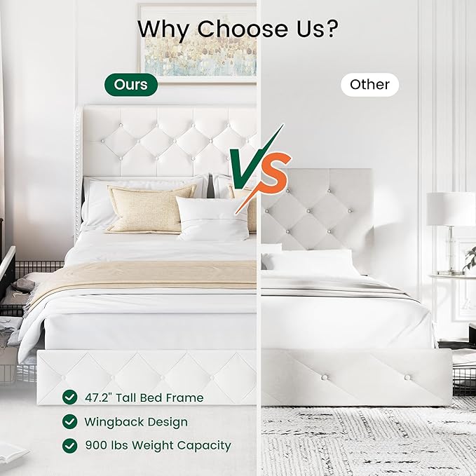LARMACE Queen Size Bed Frame with 4 Storage Drawers and Wingback Headboard Velvet Upholstered Platform Bed Frame Tufted Beds with Wooden Slats Support, Easy Assembly, White