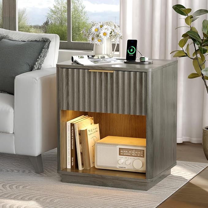 VINGLI Night Stands Set 2 with Charging Station, LED Nightstand Fluted with Rounded Edge, 19" W Mid Century Modern Nightstand for Bedroom, Fluted Night Stand/End Table/Bed Side Table, Grey